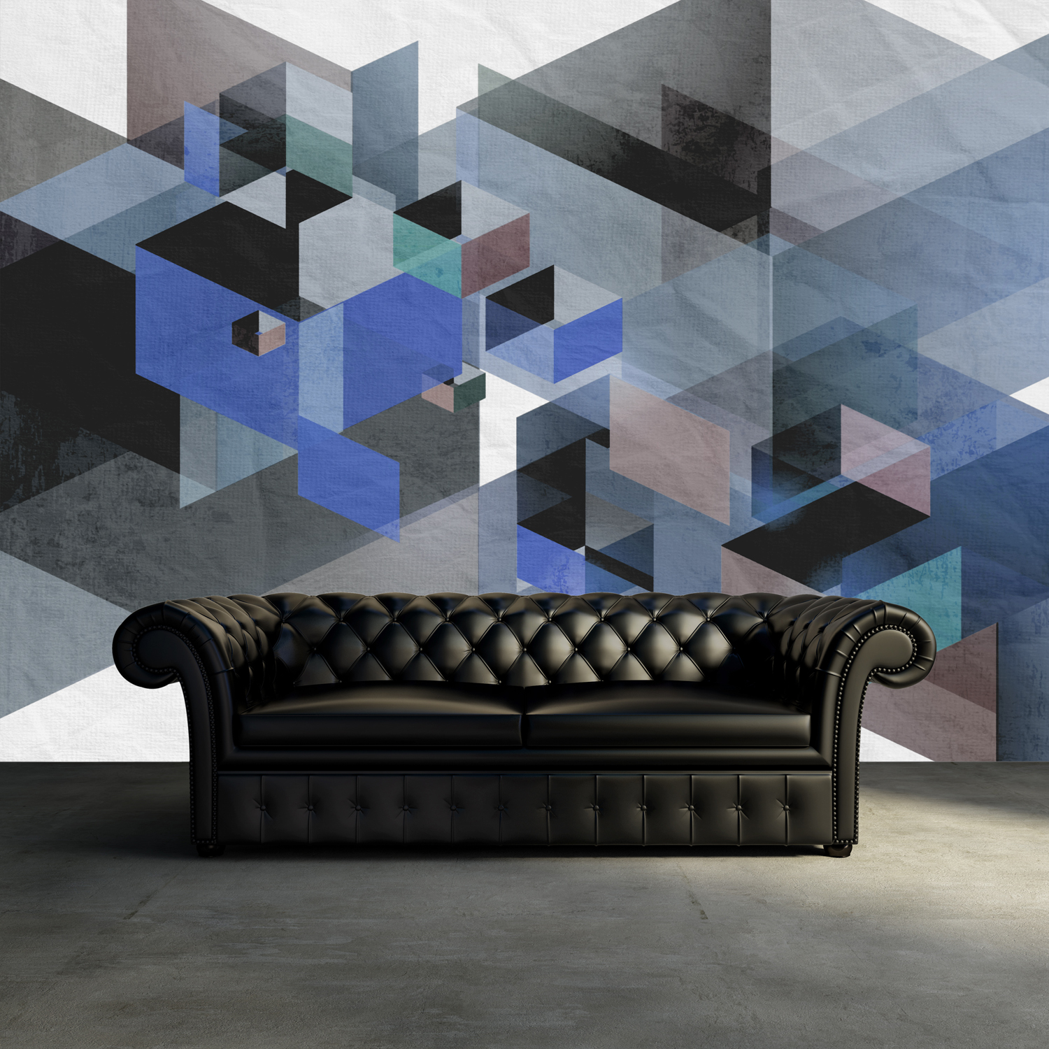 Vintage antique tufted modern classic black sofa, grunge wall