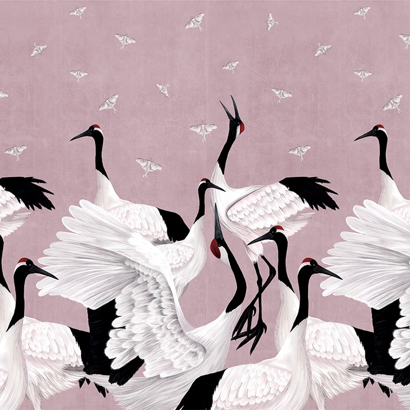 Grus-Japonesis-in-Pink-tapet-dormitor