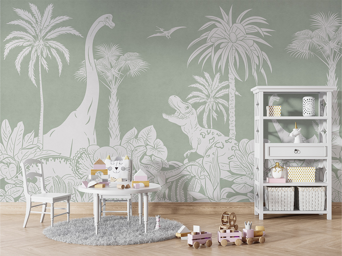 MONOCHROME_DINO_GREEN_-_Mural_-_Table_and_cabinet
