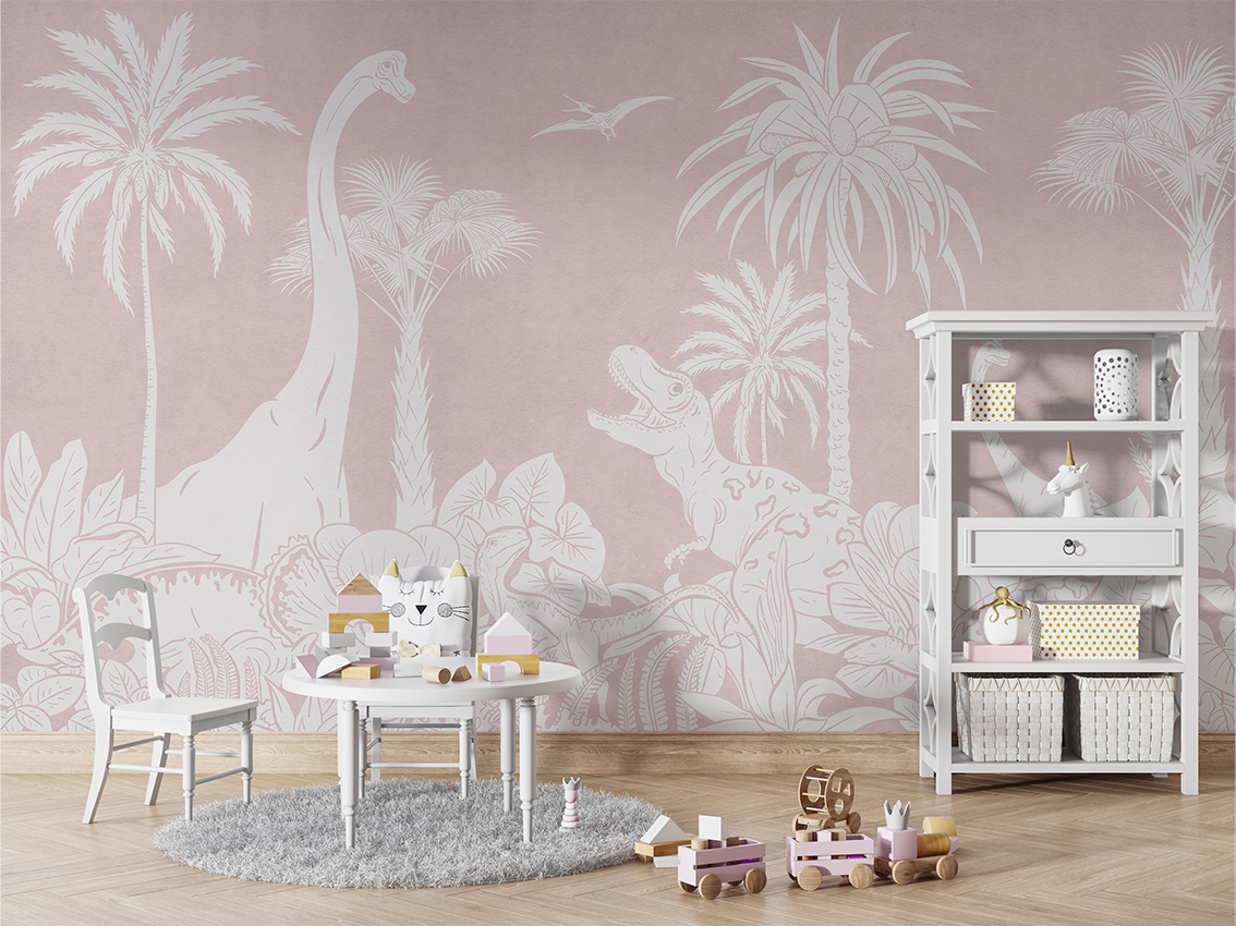 MONOCHROME_DINO_PINK_-_Mural_-_Table_and_cabinet