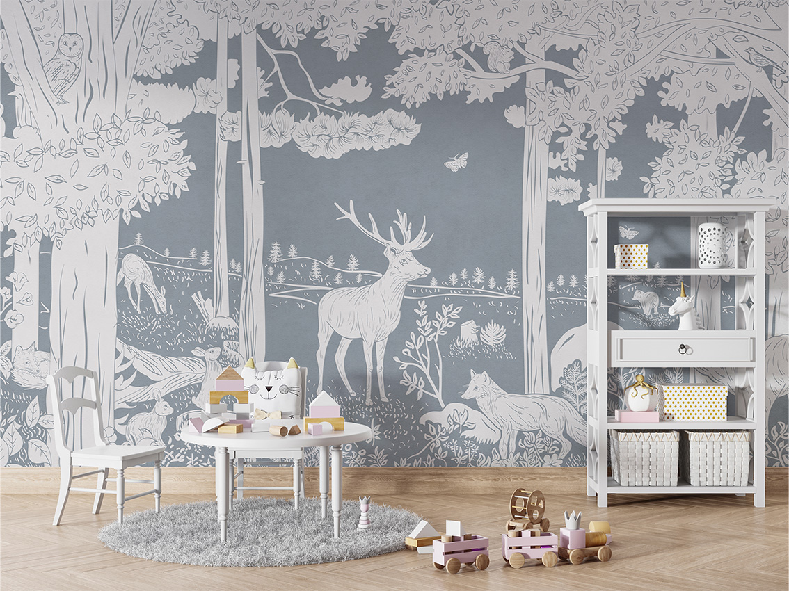 MONOCHROME_FOREST_BLUE_-_Mural_-_Table_and_cabinet