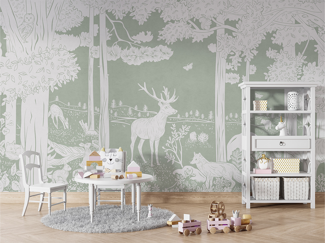 MONOCHROME_FOREST_GREEN_-_Mural_-_Table_and_cabinet