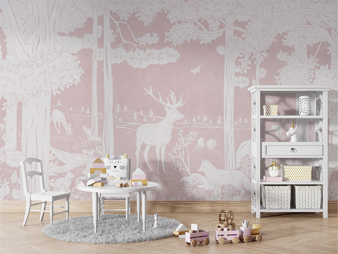 MONOCHROME_FOREST_PINK_-_Mural_-_Table_and_cabinet