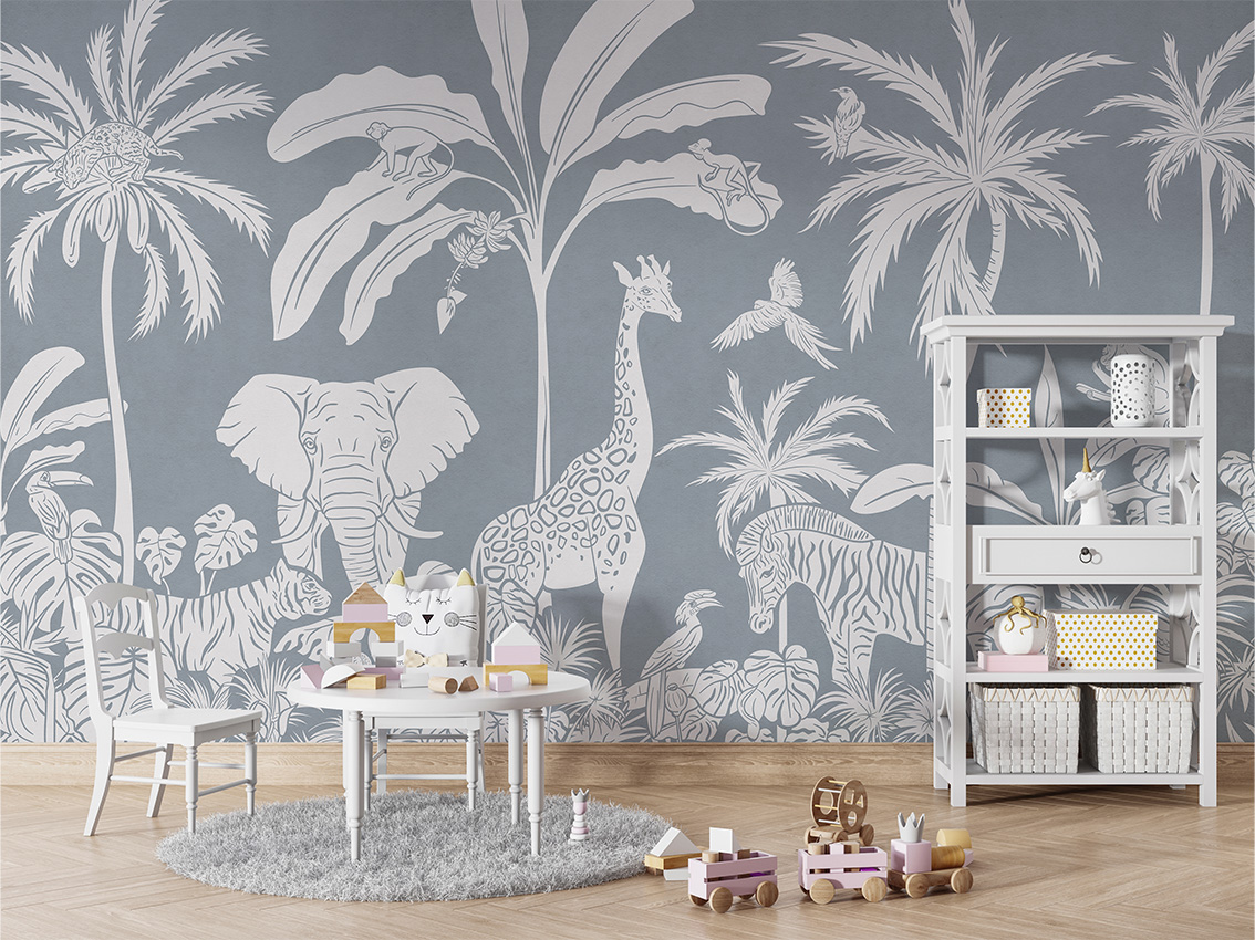 MONOCHROME_JUNGLE_BLUE_-_Mural_-_Table_and_cabinet