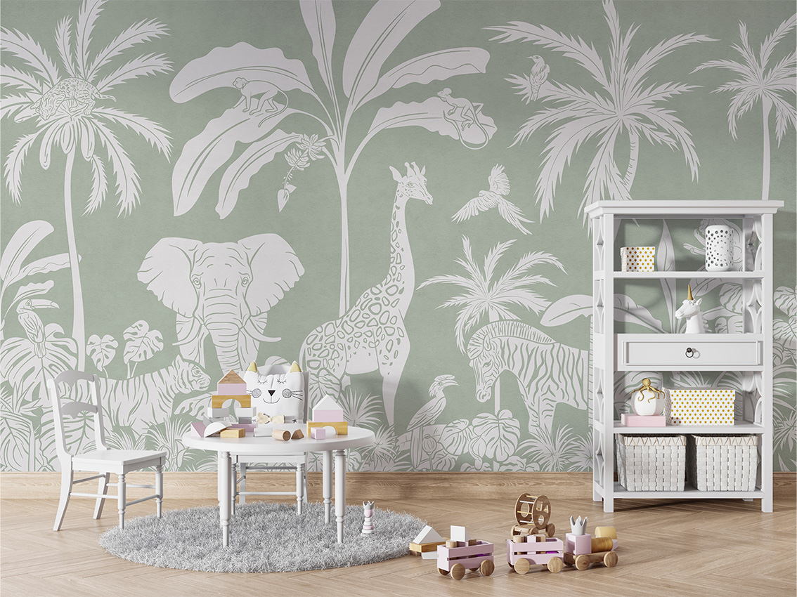 MONOCHROME_JUNGLE_GREEN_-_Mural_-_Table_and_cabinet