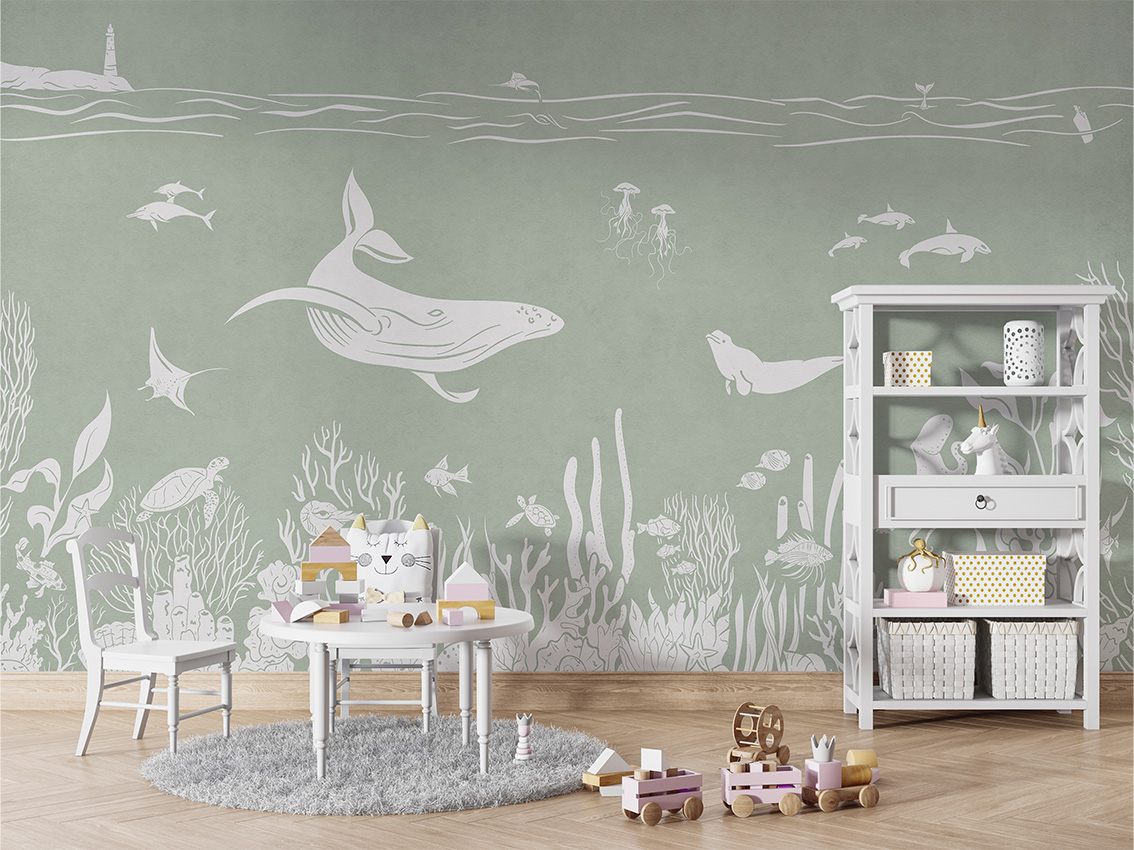 MONOCHROME_SEA_GREEN_-_Mural_-_Table_and_cabinet