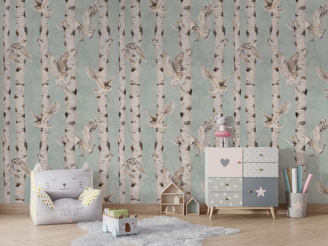 birch_and_owls_blue_-_mural_-_chair_and_cabinet
